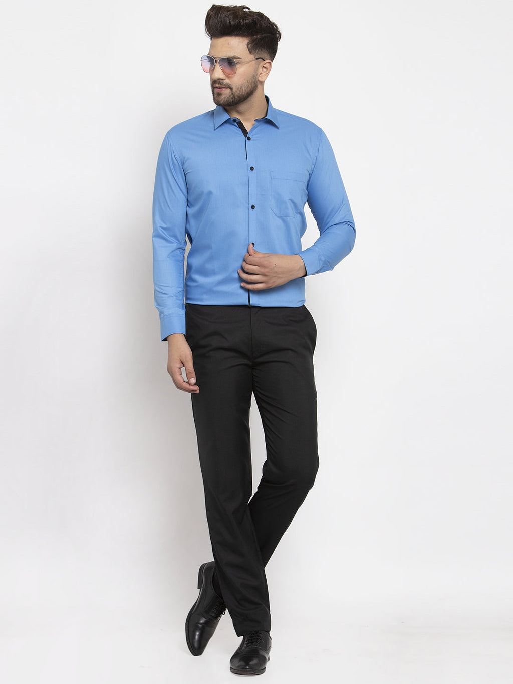 Jainish Light Blue Formal Shirt with black detailing ( SF 411Light-Blue ) | Grocsy