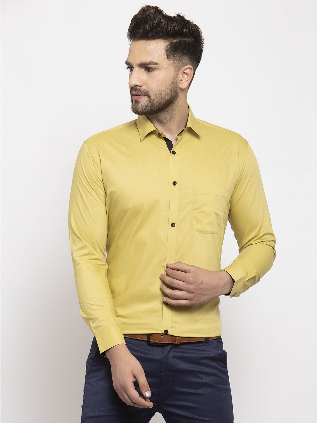 Jainish Lime Yellow Formal Shirt with black detailing | Grocsy