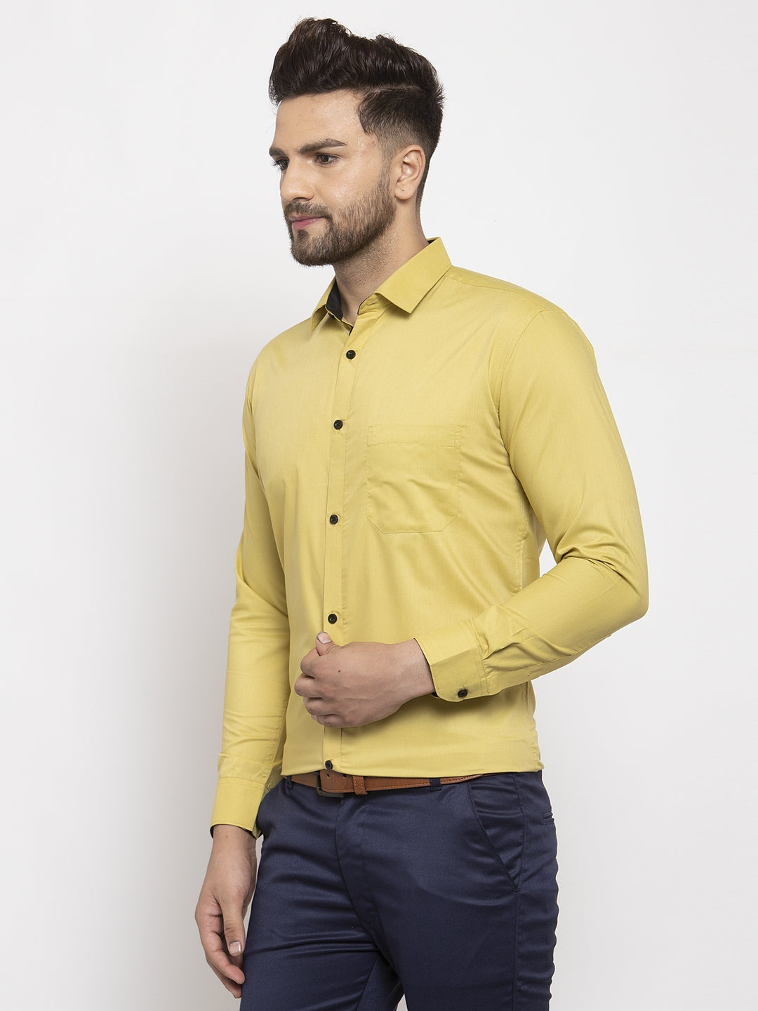 Jainish Lime Yellow Formal Shirt with black detailing | Grocsy