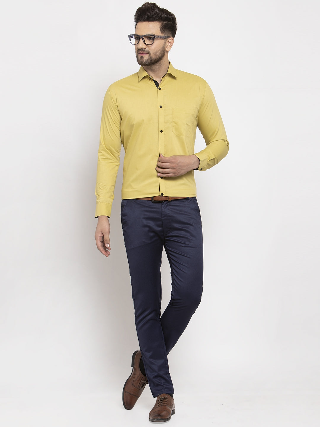 Jainish Lime Yellow Formal Shirt with black detailing | Grocsy