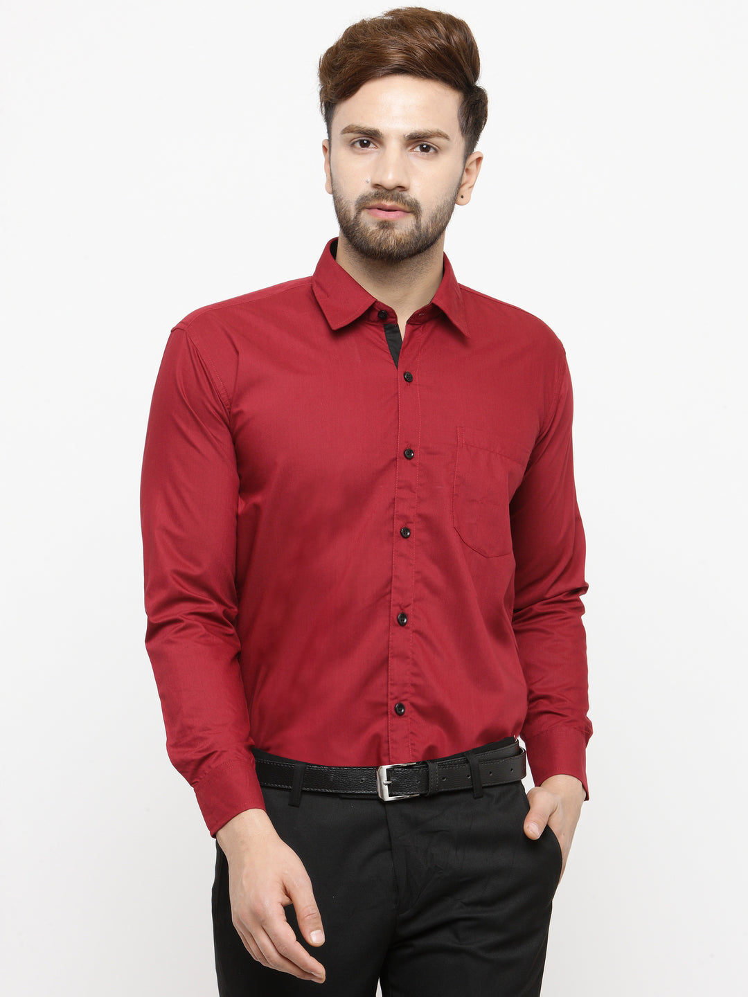 Jainish Maroon Formal Shirt with black detailing ( SF 411Red ) | Grocsy