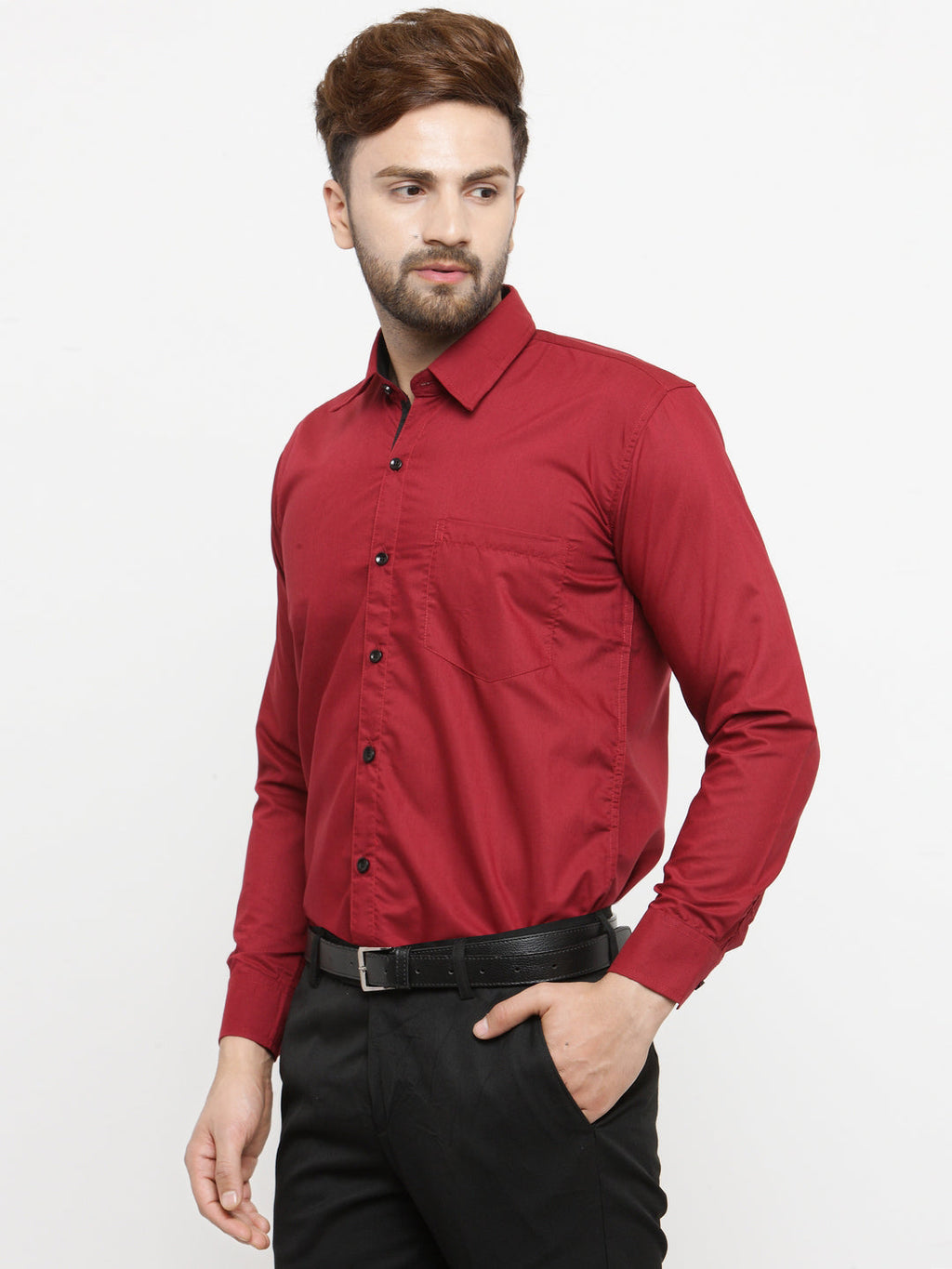 Jainish Maroon Formal Shirt with black detailing ( SF 411Red ) | Grocsy