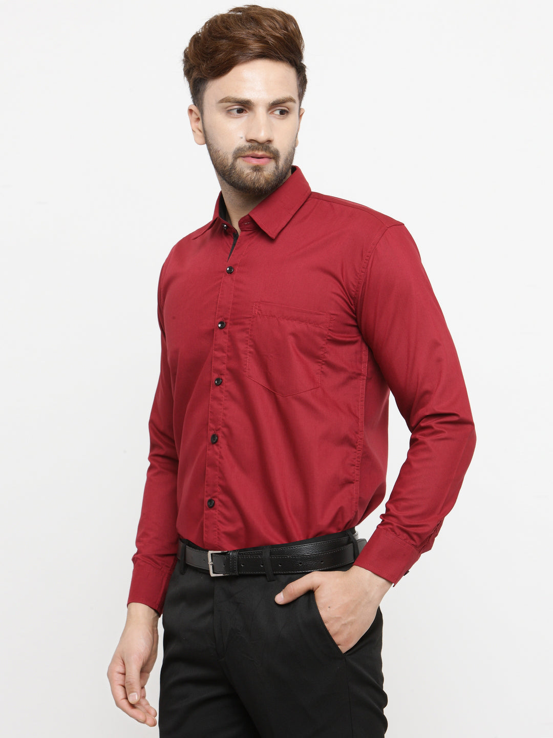 Jainish Maroon Formal Shirt with black detailing ( SF 411Red ) | Grocsy