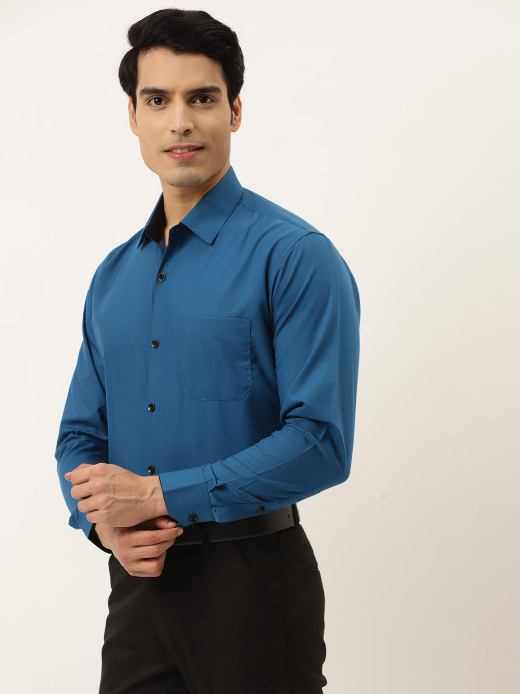 Jainish Pecock Green Formal Shirt with black detailing ( SF 411Peacock ) | Grocsy