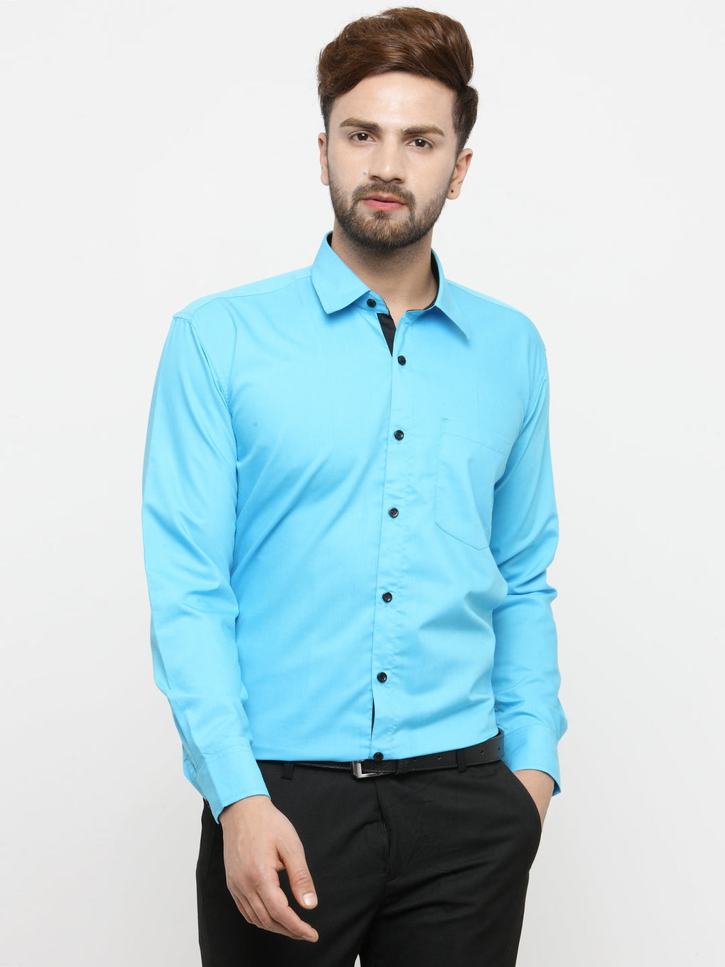Jainish Sky Blue Formal Shirt with black detailing ( SF 411Sky ) | Grocsy