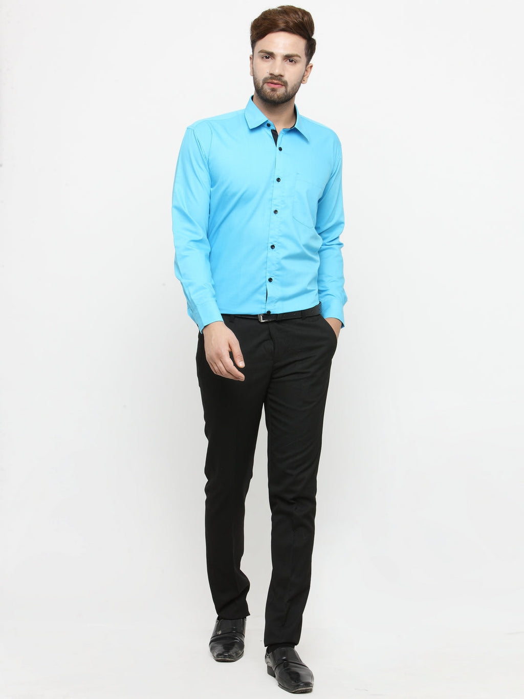 Jainish Sky Blue Formal Shirt with black detailing ( SF 411Sky ) | Grocsy