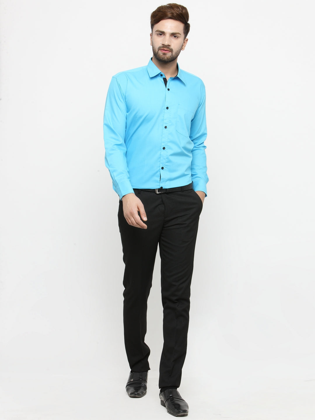 Jainish Sky Blue Formal Shirt with black detailing ( SF 411Sky ) | Grocsy