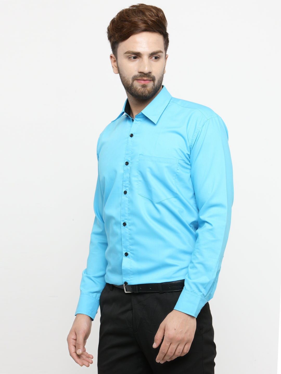 Jainish Sky Blue Formal Shirt with black detailing ( SF 411Sky ) | Grocsy