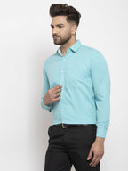Jainish Aqua Blue Formal Shirt with white detailing ( SF 419Aqua ) | Grocsy