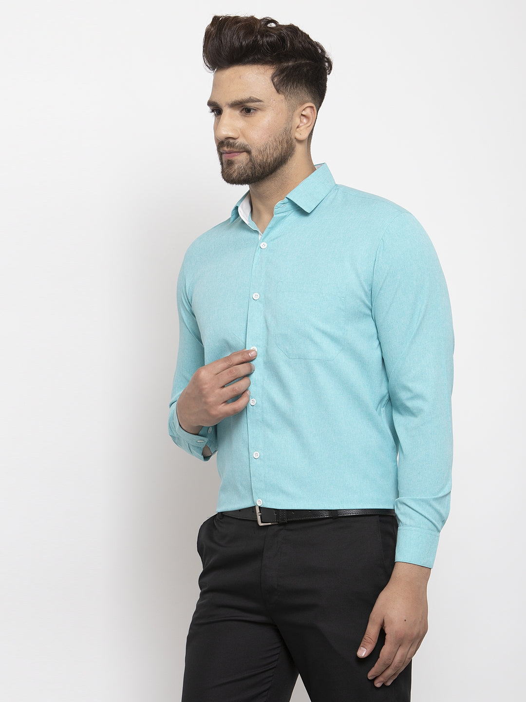 Jainish Aqua Blue Formal Shirt with white detailing ( SF 419Aqua ) | Grocsy