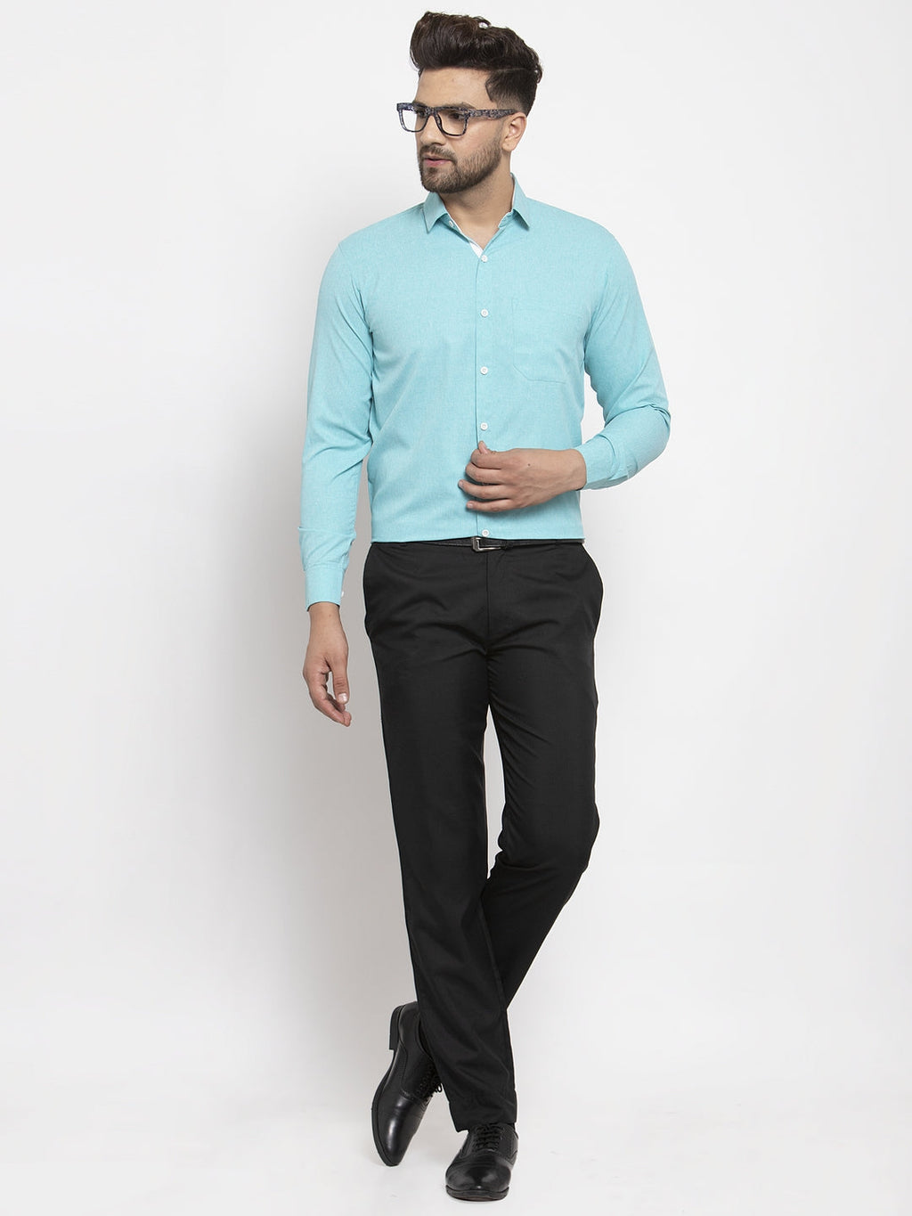 Jainish Aqua Blue Formal Shirt with white detailing ( SF 419Aqua ) | Grocsy