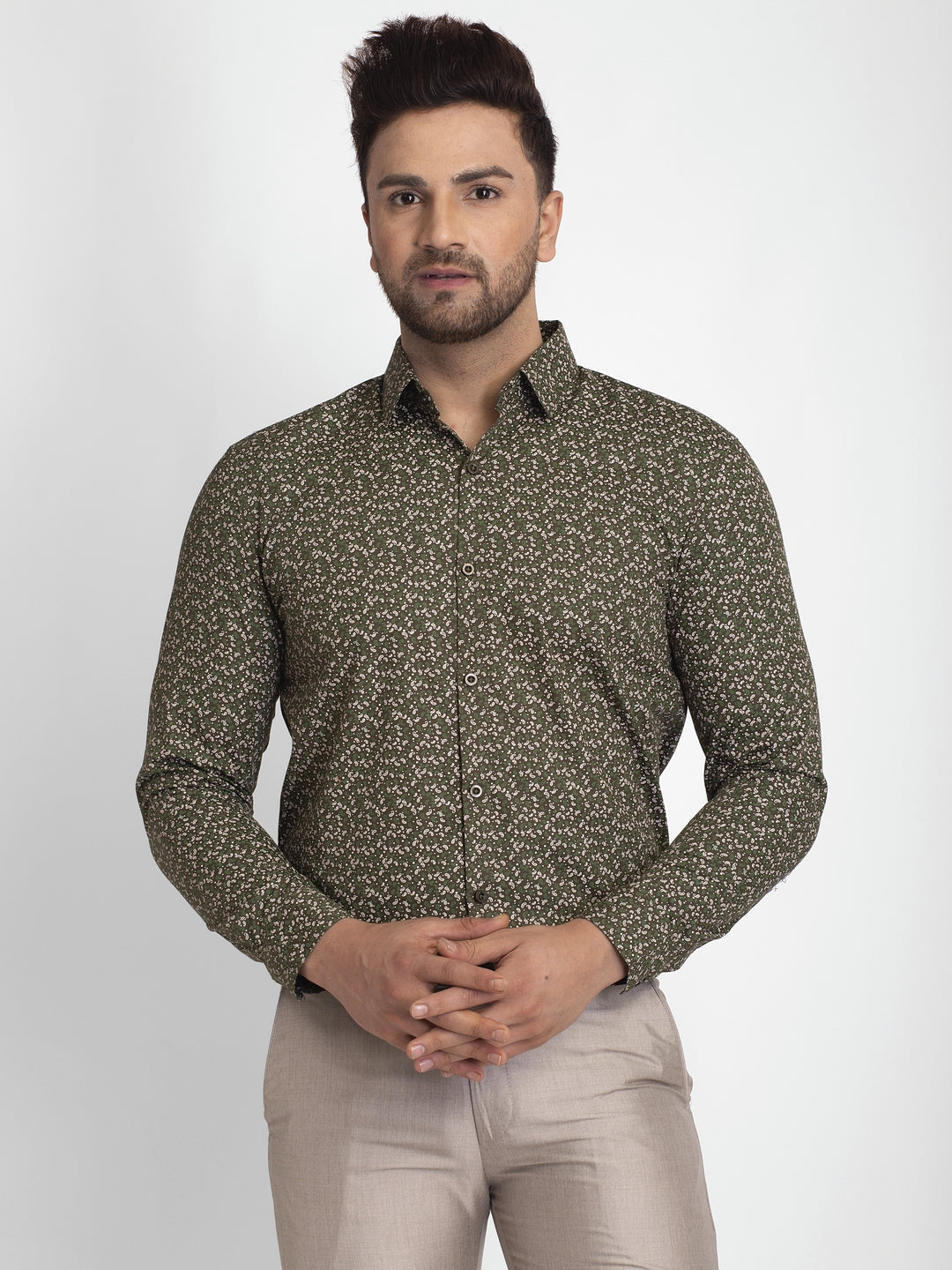 Jainish Olive Green Printed Formal Shirt ( JSF 426Olive ) | Grocsy
