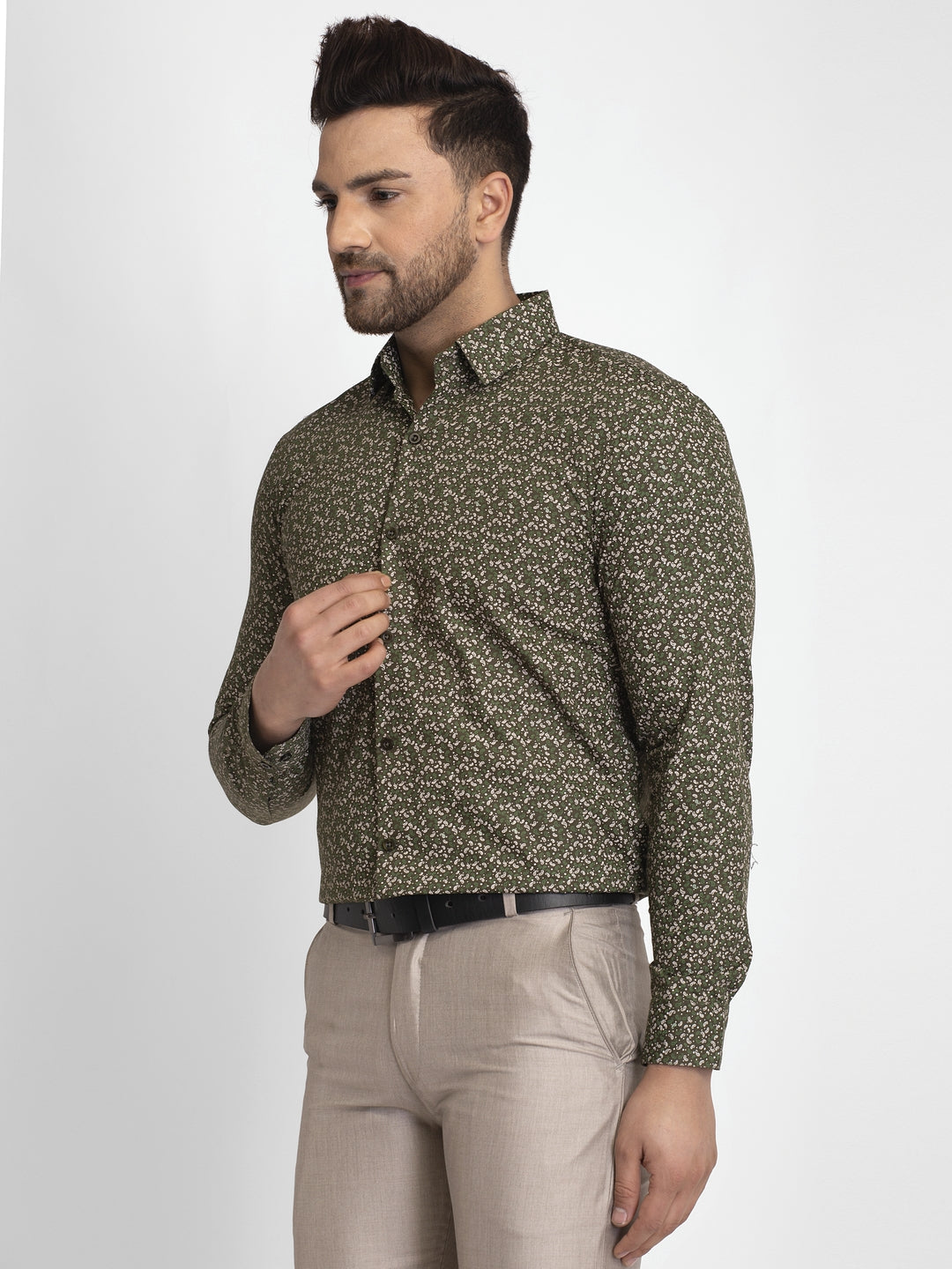 Jainish Olive Green Printed Formal Shirt ( JSF 426Olive ) | Grocsy