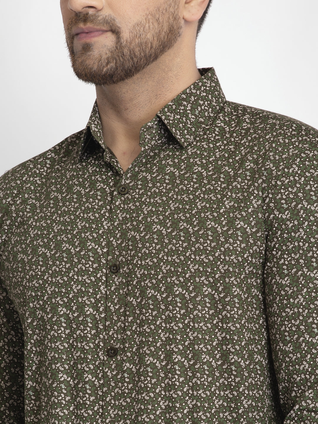 Jainish Olive Green Printed Formal Shirt ( JSF 426Olive ) | Grocsy