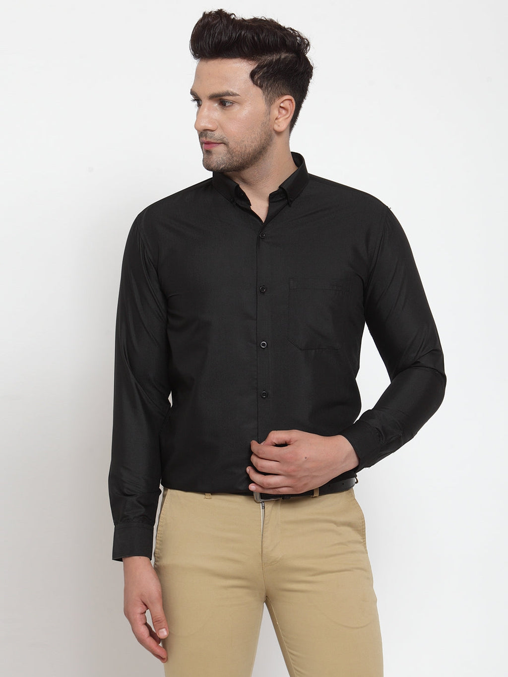 Jainish Black Men's Cotton Solid Button Down Formal Shirts ( SF 713Black ) | Grocsy