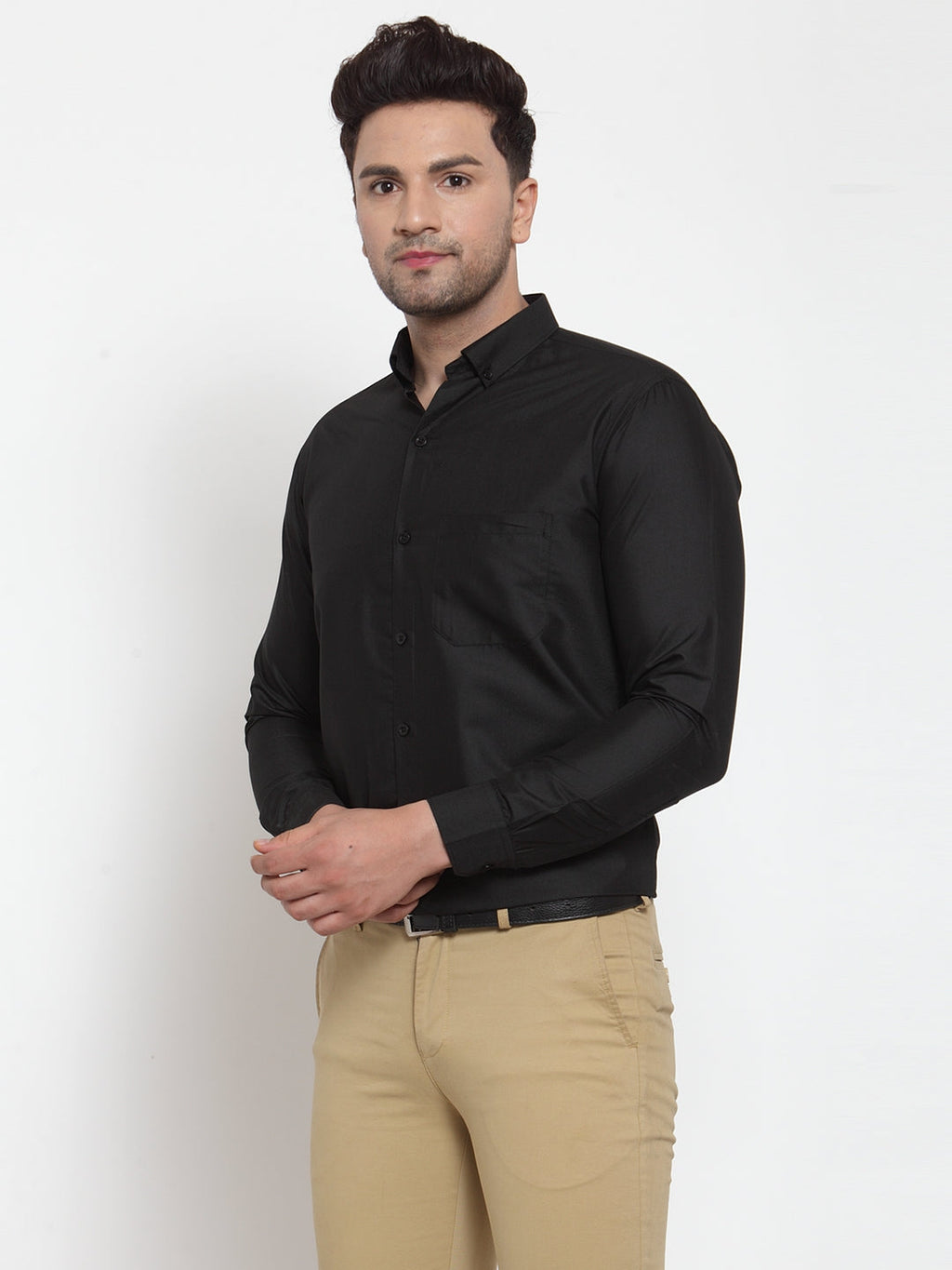 Jainish Black Men's Cotton Solid Button Down Formal Shirts ( SF 713Black ) | Grocsy