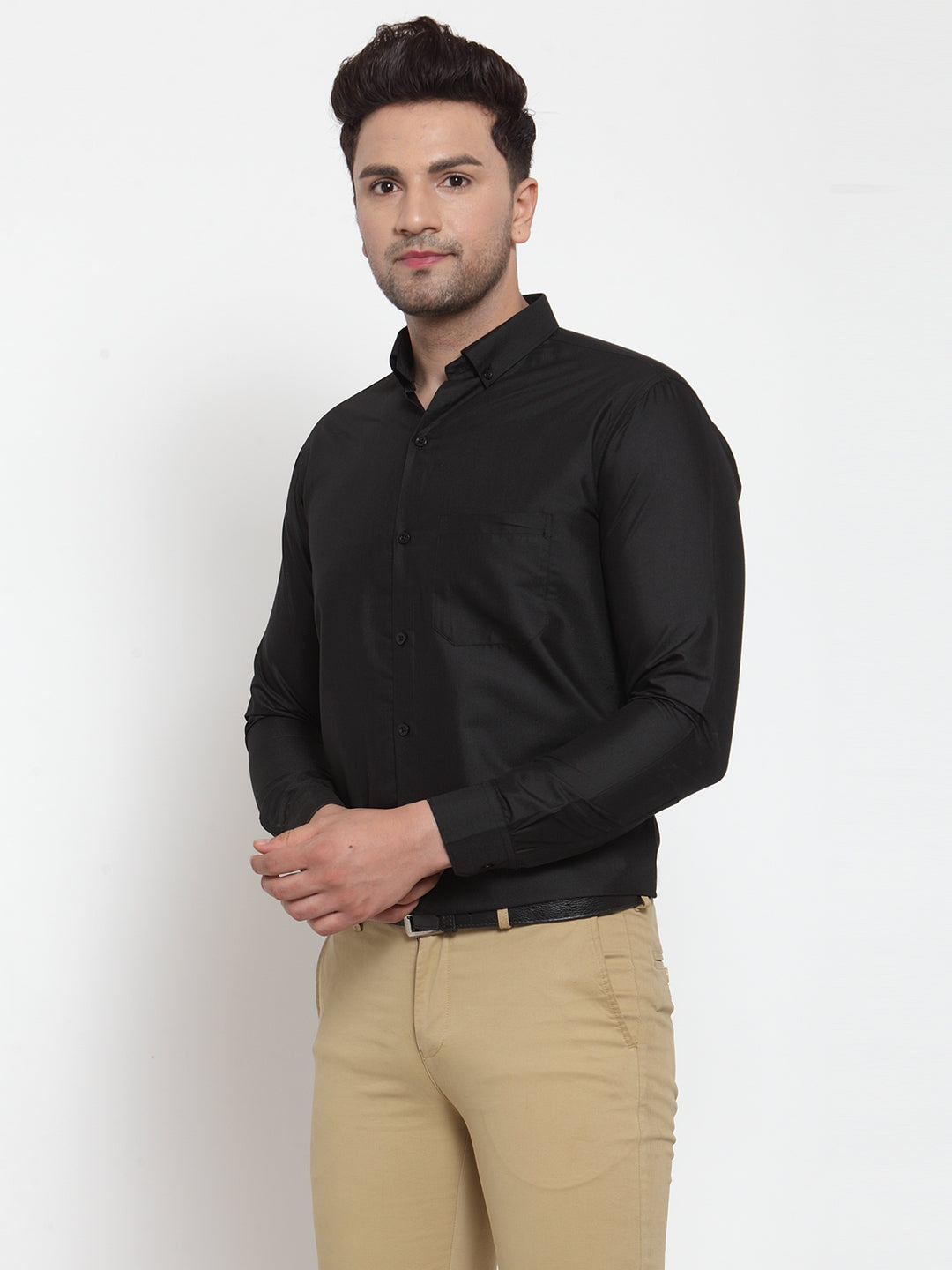 Jainish Black Men's Cotton Solid Button Down Formal Shirts ( SF 713Black ) | Grocsy