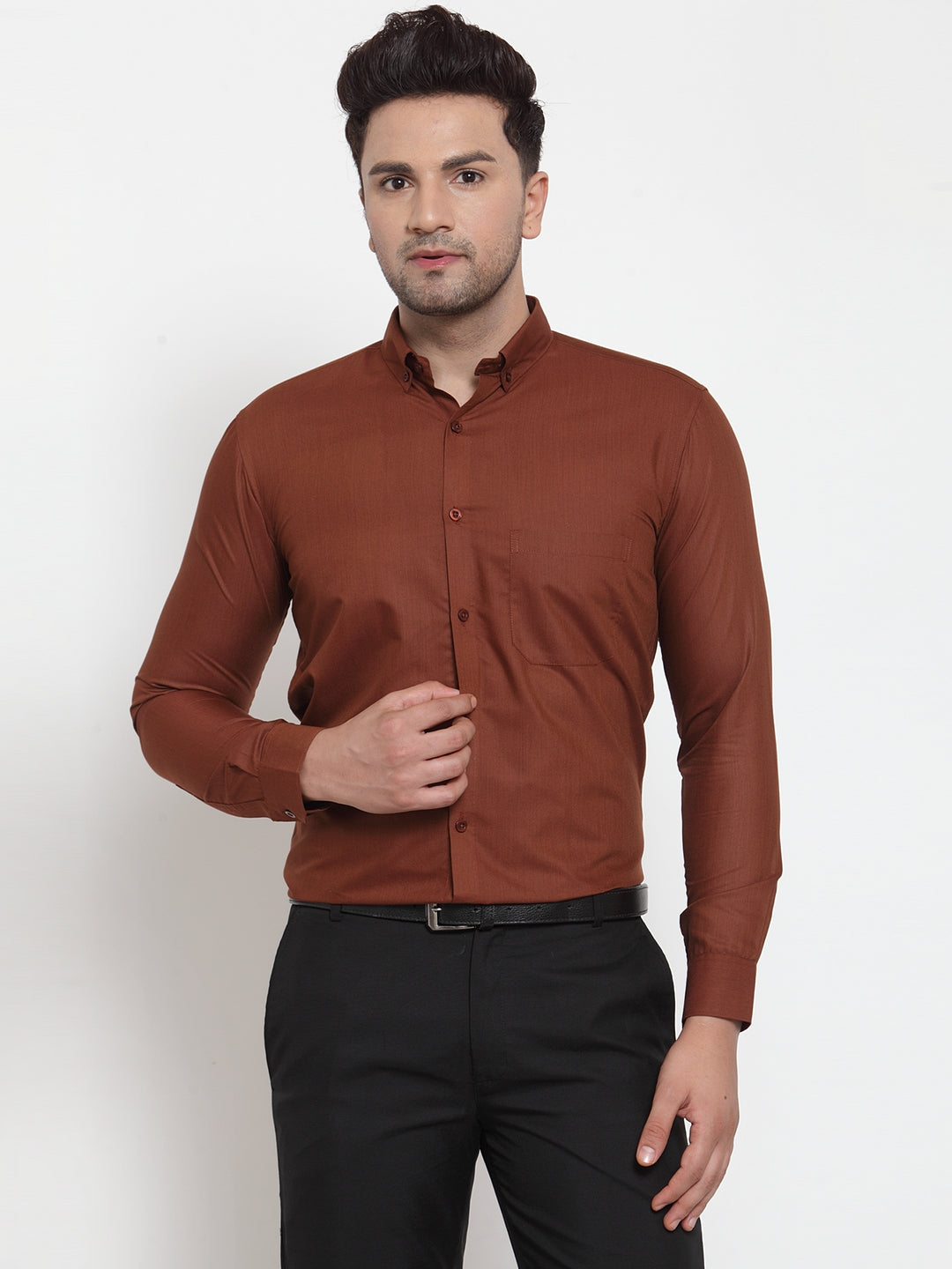 Jainish Brown Men's Cotton Solid Button Down Formal Shirts ( SF 713Brown ) | Grocsy