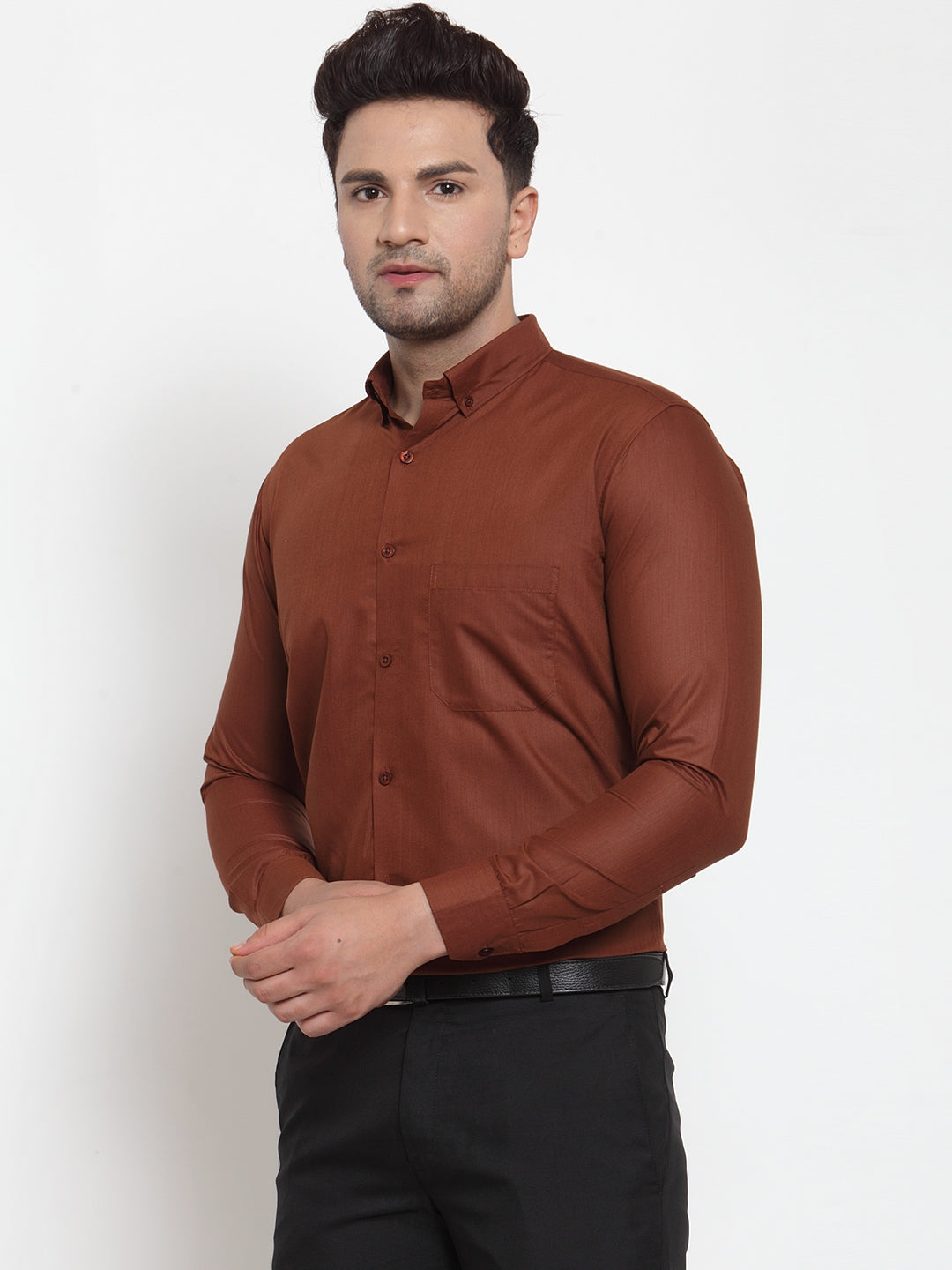 Jainish Brown Men's Cotton Solid Button Down Formal Shirts ( SF 713Brown ) | Grocsy