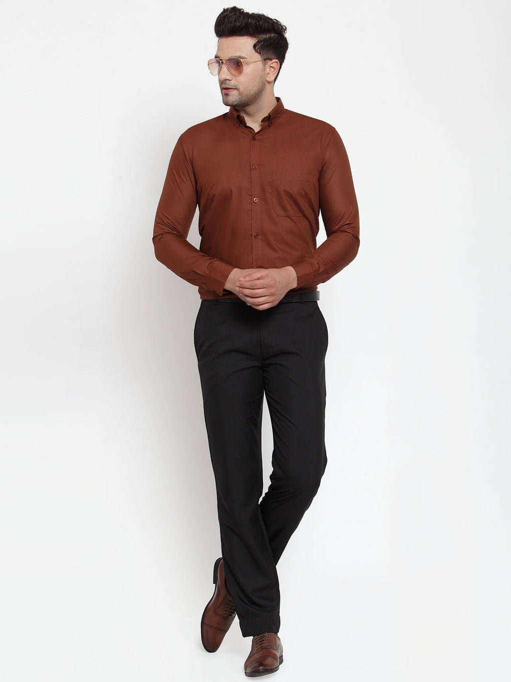 Jainish Brown Men's Cotton Solid Button Down Formal Shirts ( SF 713Brown ) | Grocsy