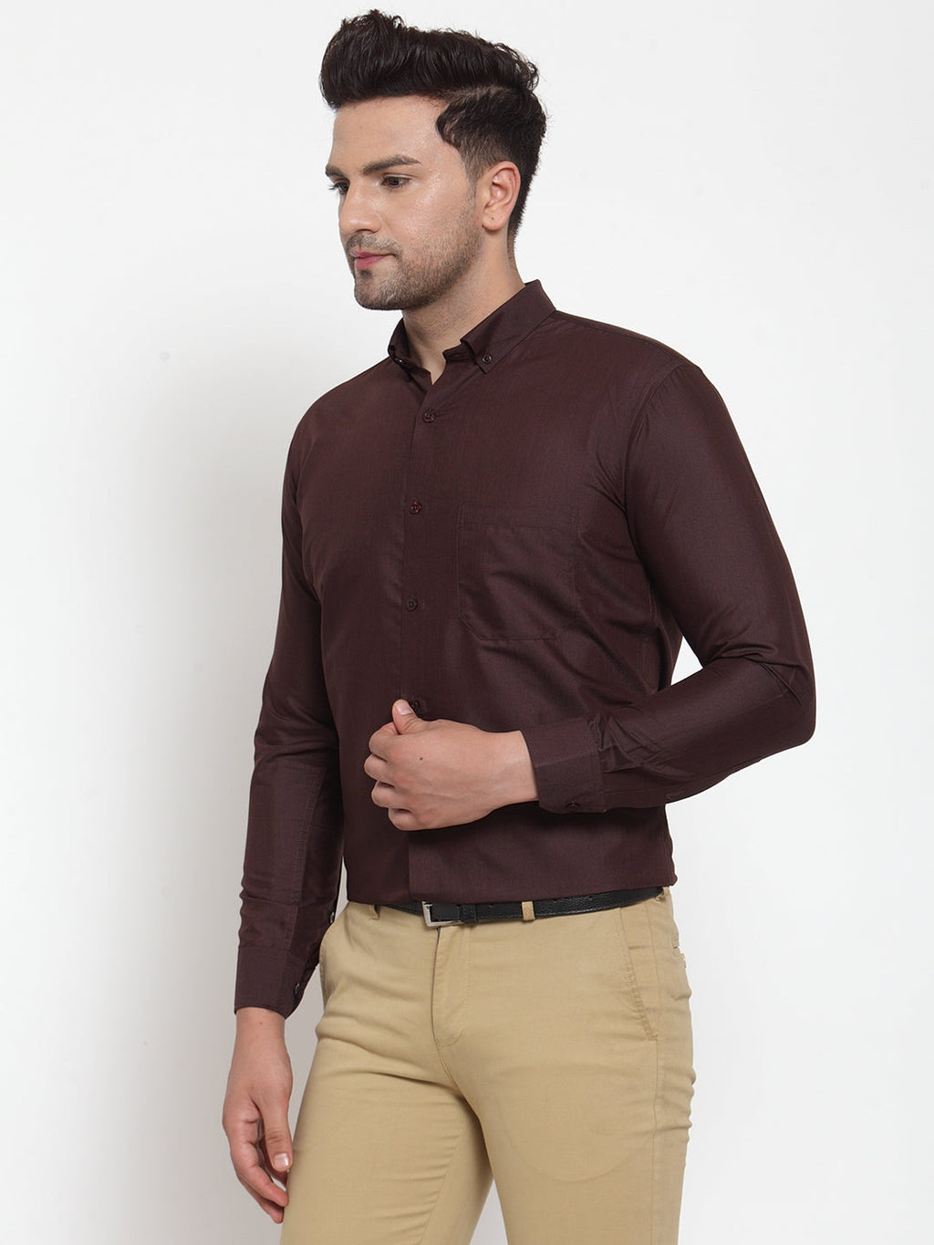 Jainish Brown Men's Cotton Solid Button Down Formal Shirts ( SF 713Coffee ) | Grocsy