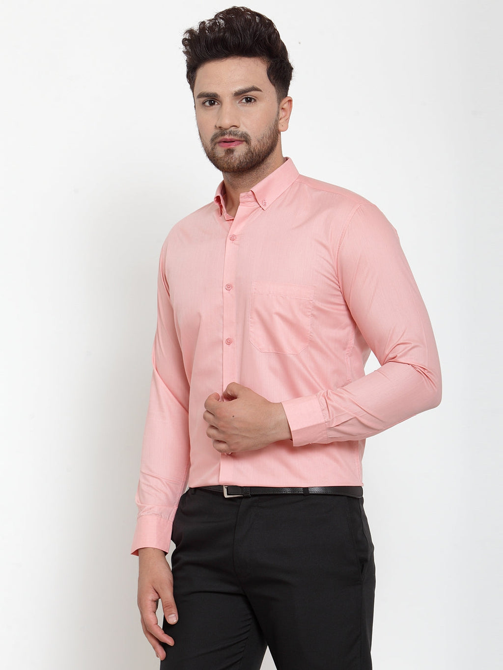 Jainish Red Men's Cotton Solid Button Down Formal Shirts ( SF 713Coral ) | Grocsy