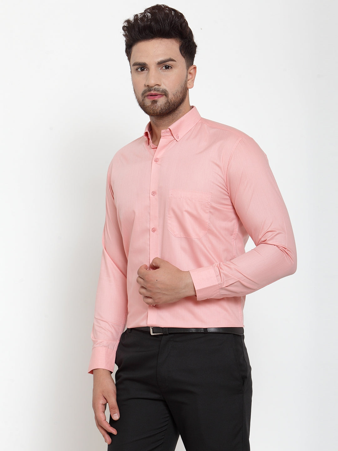 Jainish Red Men's Cotton Solid Button Down Formal Shirts ( SF 713Coral ) | Grocsy