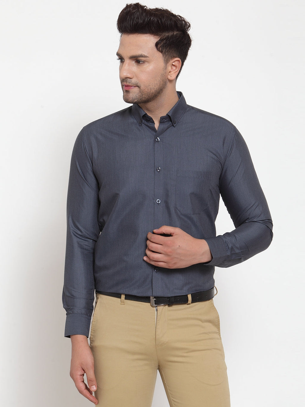 Jainish Grey Men's Cotton Solid Button Down Formal Shirts ( SF 713Grey ) | Grocsy