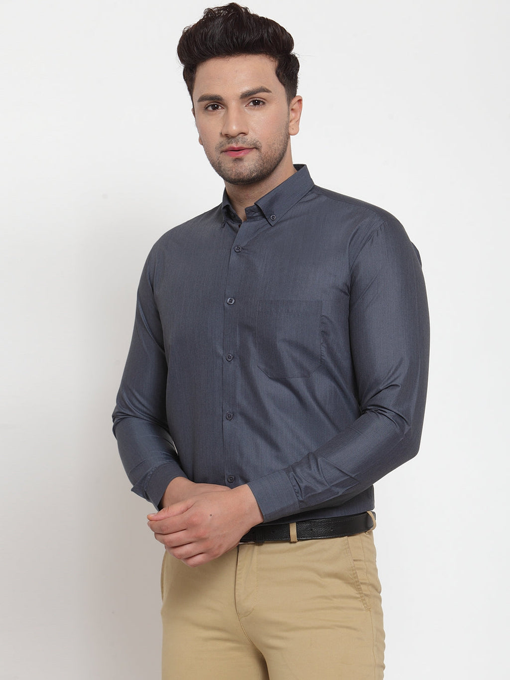Jainish Grey Men's Cotton Solid Button Down Formal Shirts ( SF 713Grey ) | Grocsy