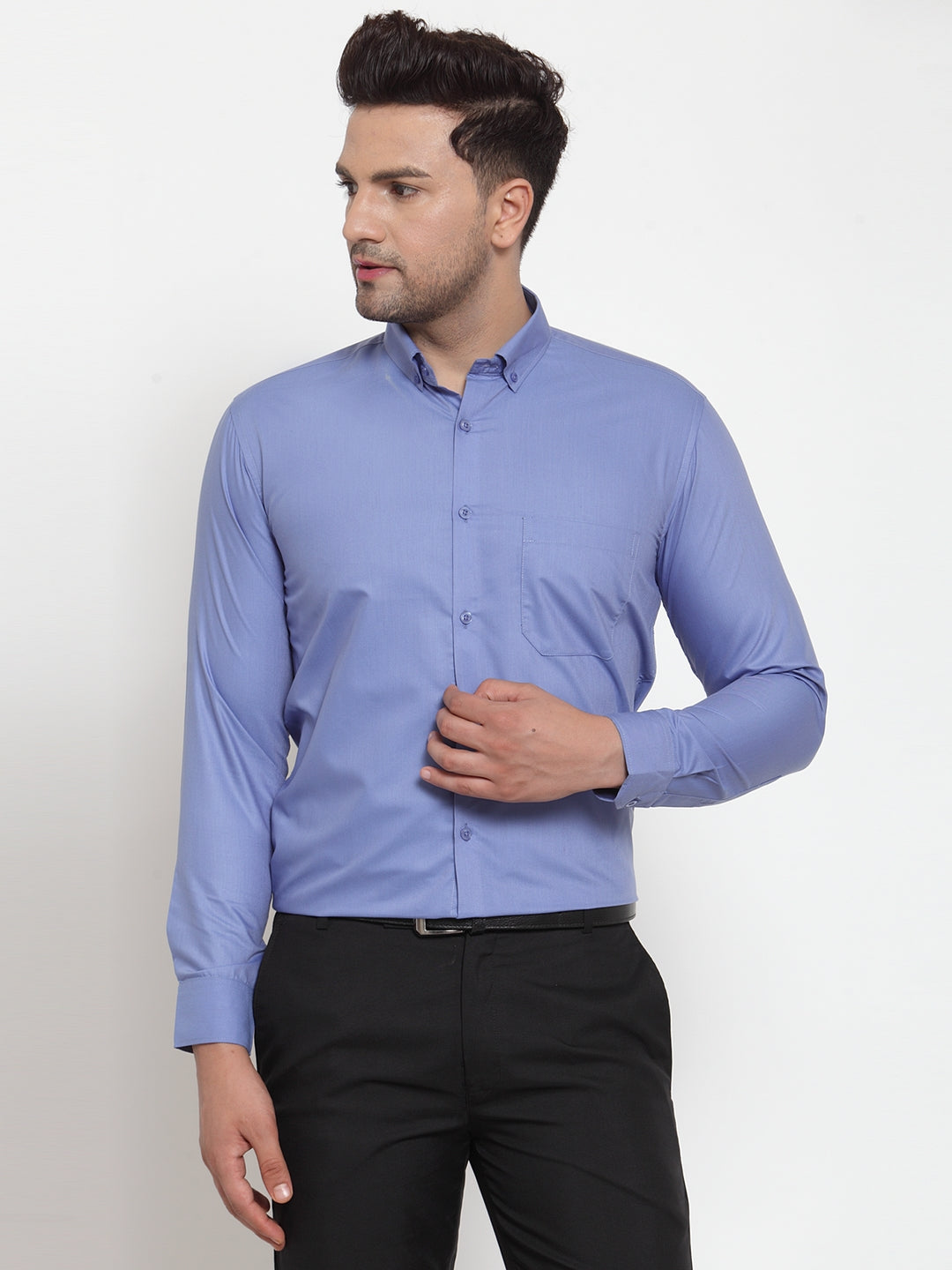 Jainish Blue Men's Cotton Solid Button Down Formal Shirts ( SF 713Light-Blue ) | Grocsy