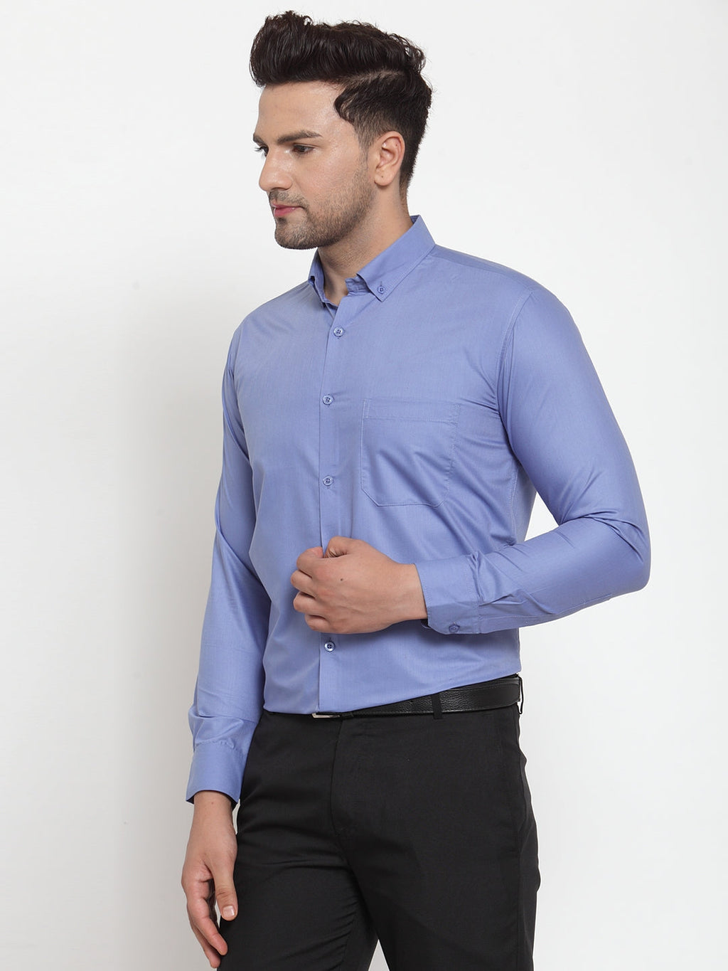 Jainish Blue Men's Cotton Solid Button Down Formal Shirts ( SF 713Light-Blue ) | Grocsy