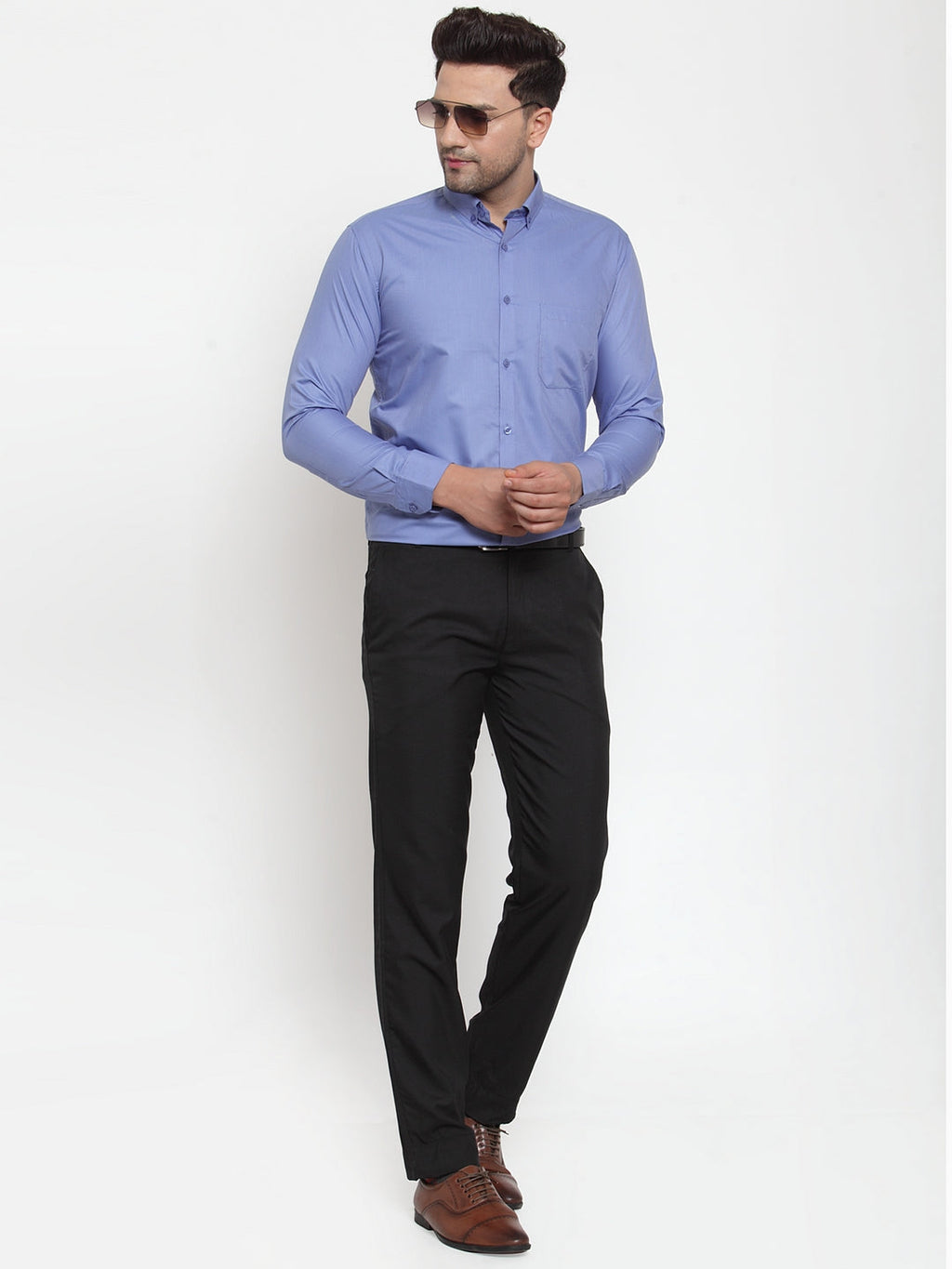 Jainish Blue Men's Cotton Solid Button Down Formal Shirts ( SF 713Light-Blue ) | Grocsy