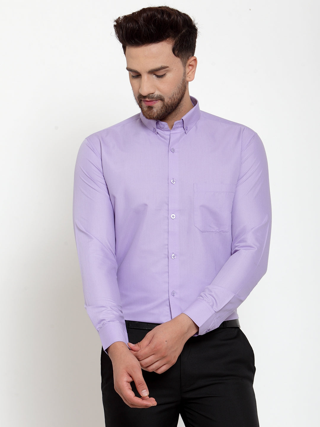 Jainish Purple Men's Cotton Solid Button Down Formal Shirts ( SF 713Light-Purple ) | Grocsy