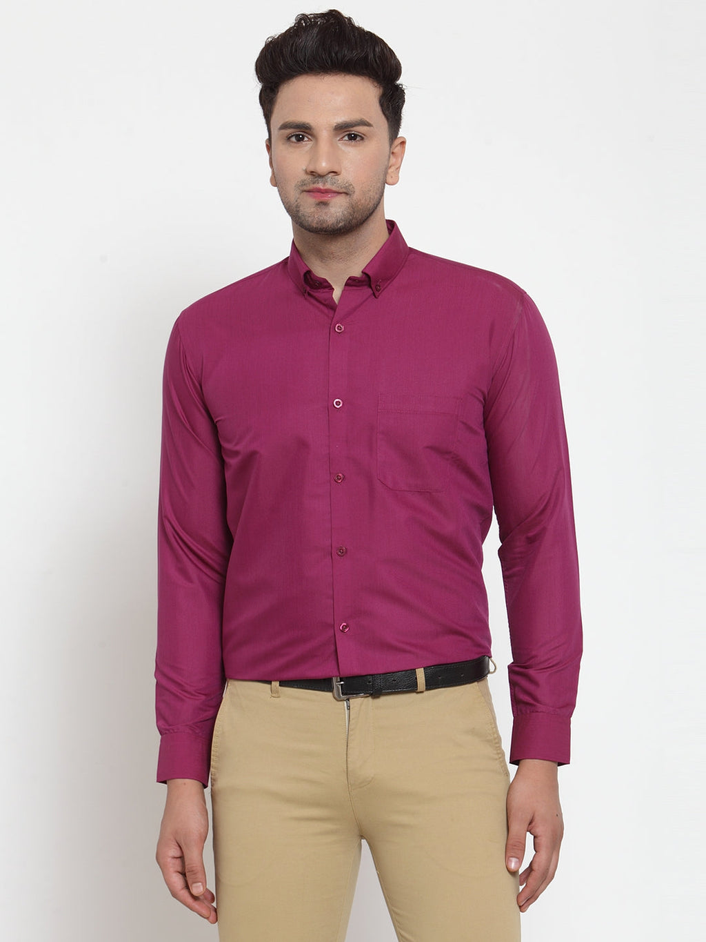 Jainish Red Men's Cotton Solid Button Down Formal Shirts ( SF 713Magenta ) | Grocsy