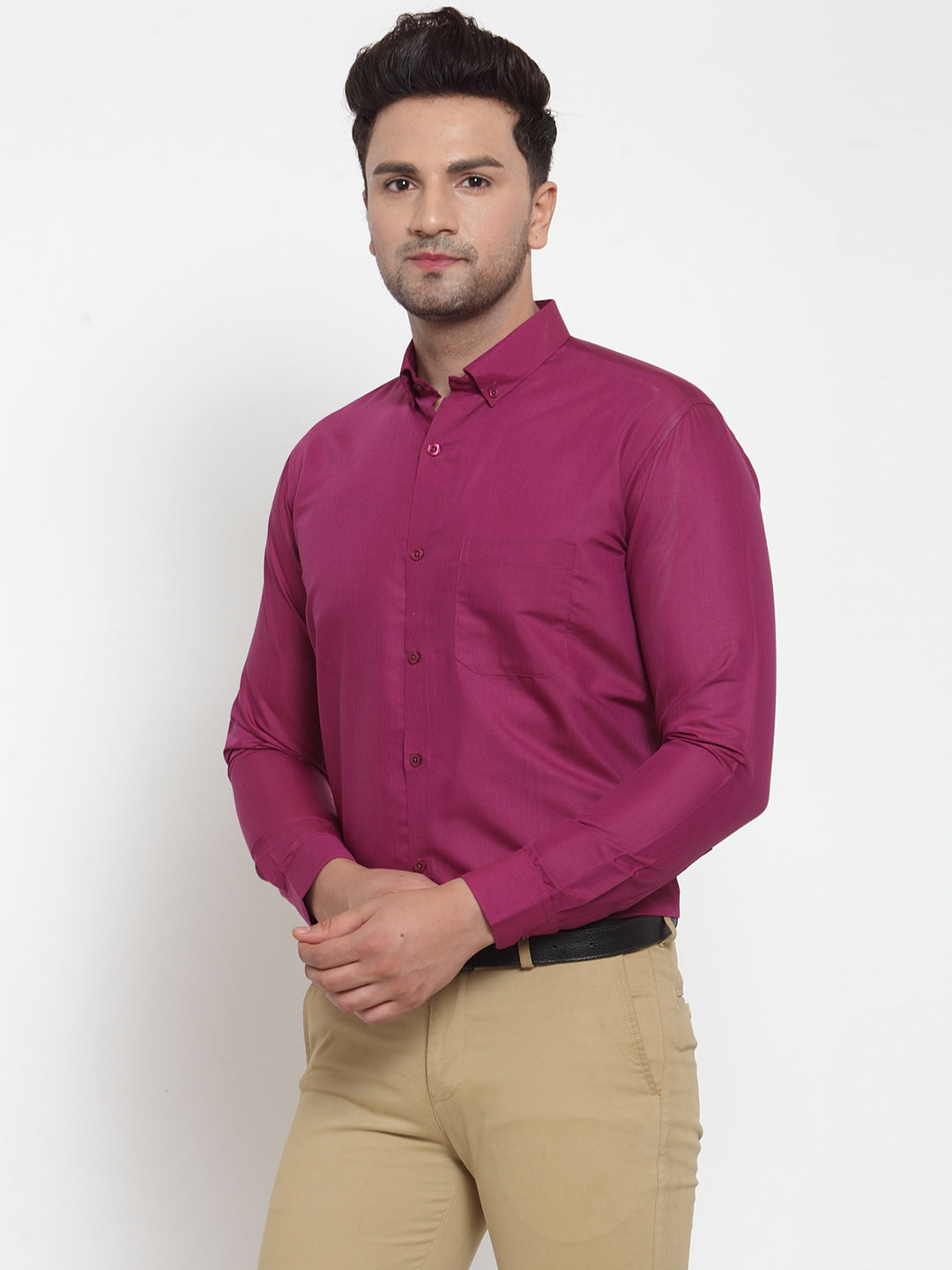 Jainish Red Men's Cotton Solid Button Down Formal Shirts ( SF 713Magenta ) | Grocsy