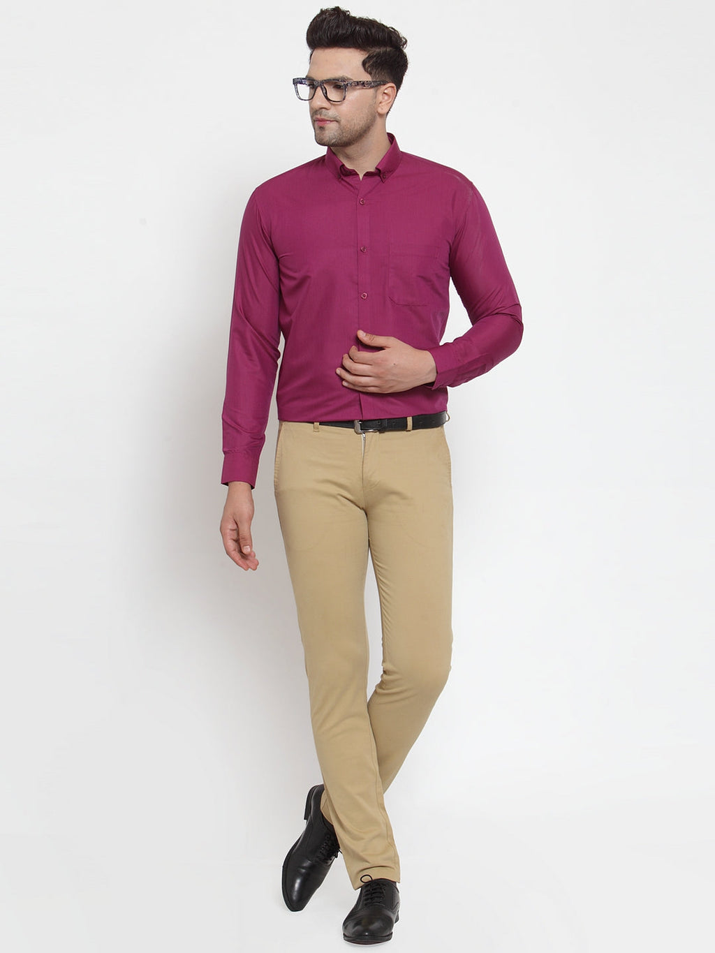 Jainish Red Men's Cotton Solid Button Down Formal Shirts ( SF 713Magenta ) | Grocsy