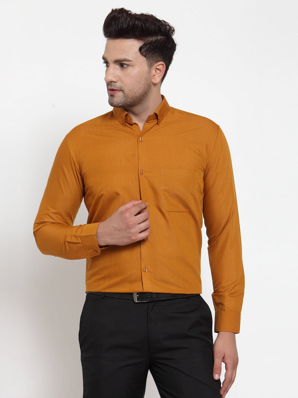 Jainish Yellow Men's Cotton Solid Button Down Formal Shirts ( SF 713Mustard ) | Grocsy