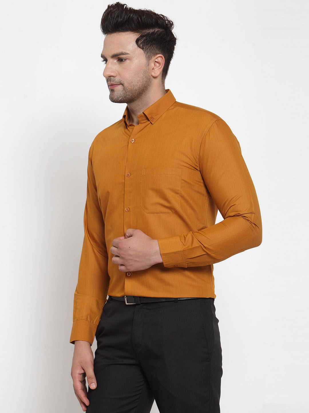 Jainish Yellow Men's Cotton Solid Button Down Formal Shirts ( SF 713Mustard ) | Grocsy