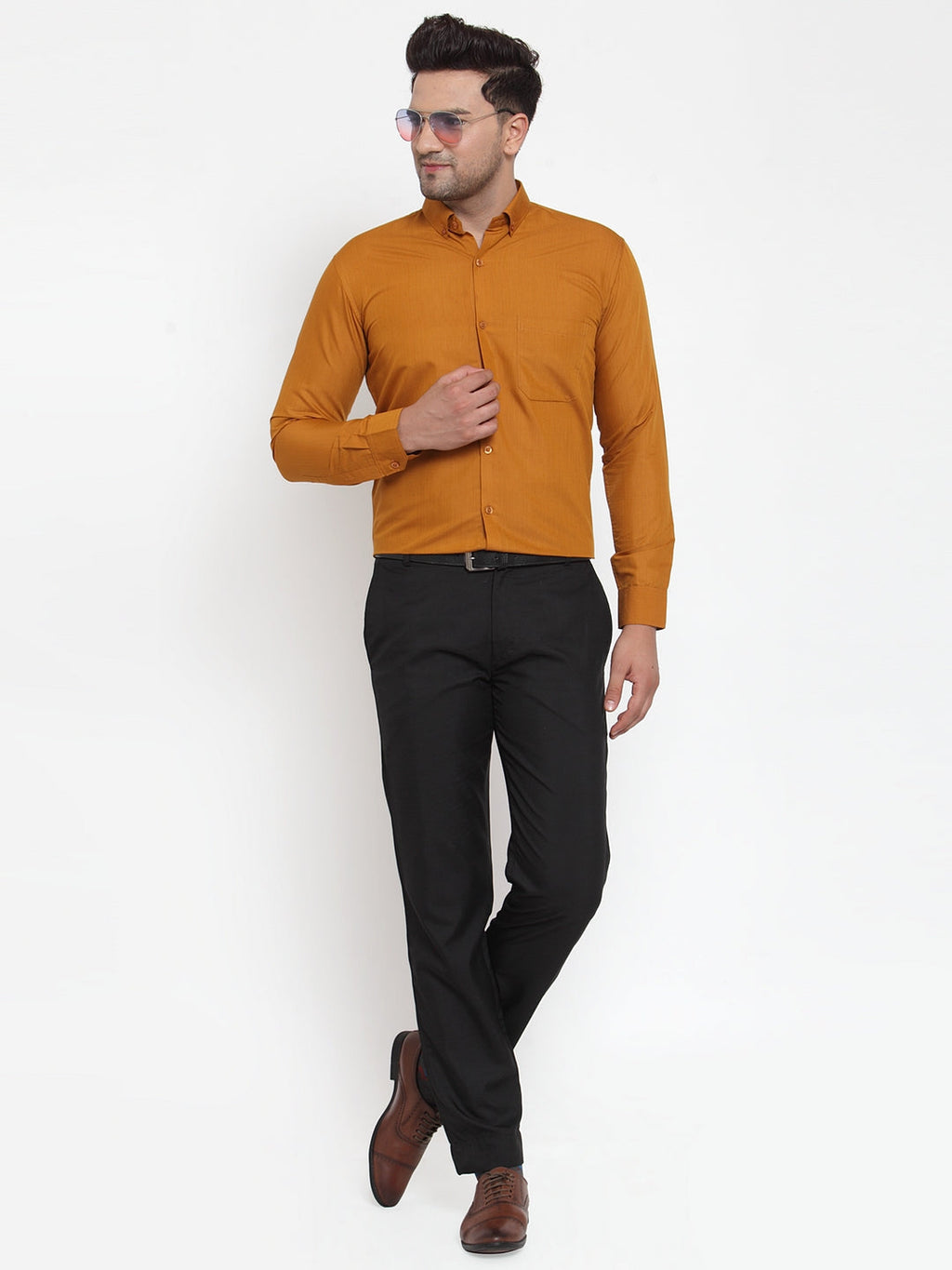 Jainish Yellow Men's Cotton Solid Button Down Formal Shirts ( SF 713Mustard ) | Grocsy
