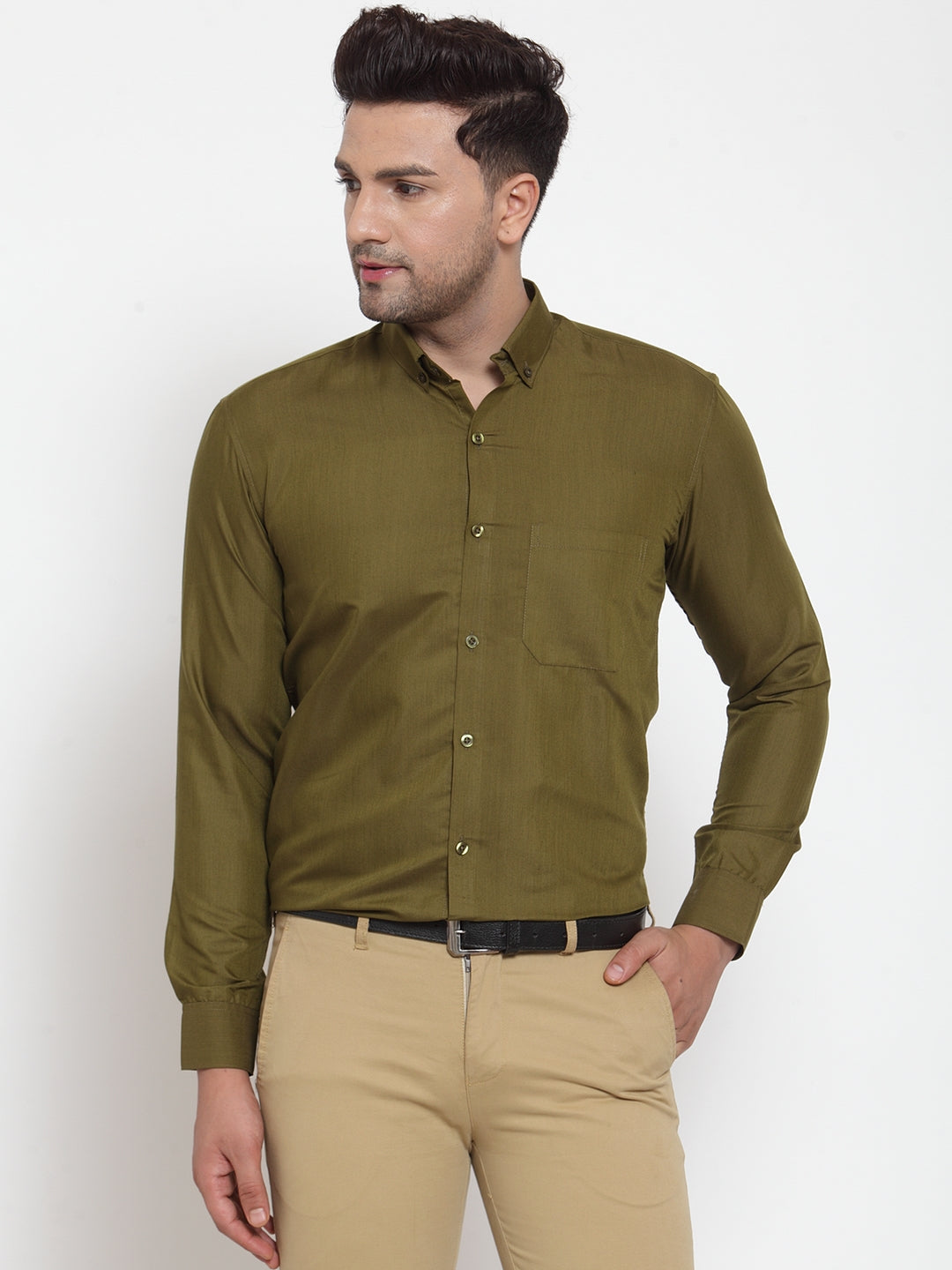 Jainish Green Men's Cotton Solid Button Down Formal Shirts ( SF 713Olive ) | Grocsy