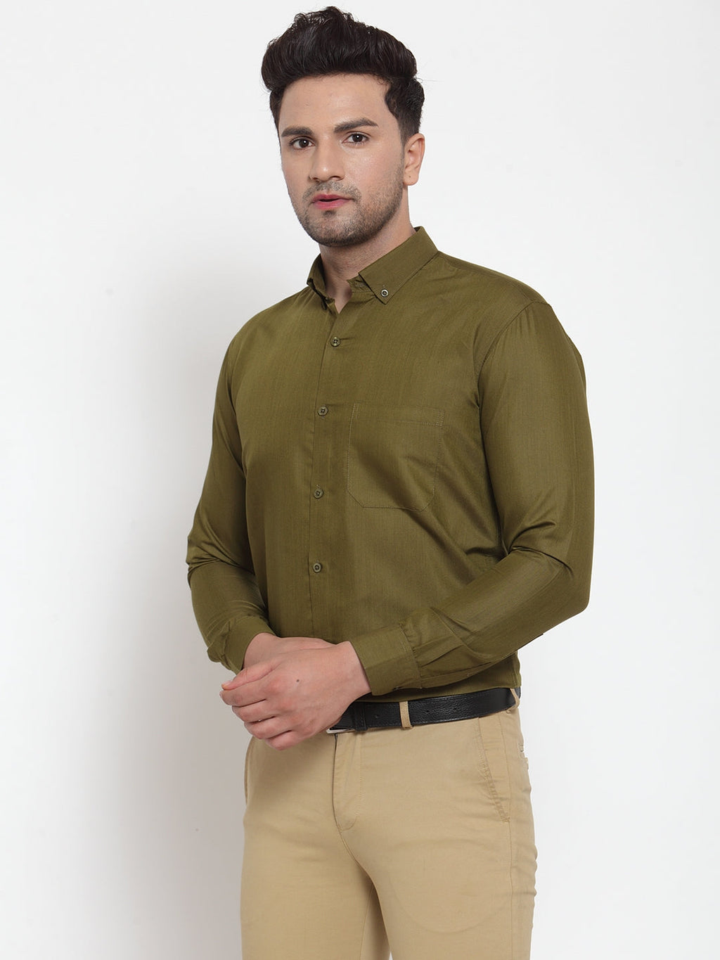 Jainish Green Men's Cotton Solid Button Down Formal Shirts ( SF 713Olive ) | Grocsy