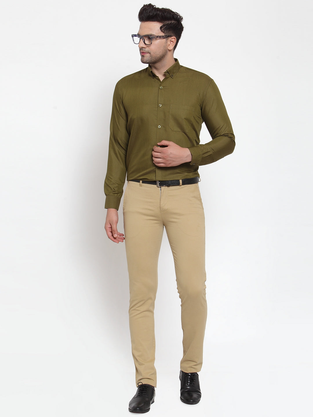 Jainish Green Men's Cotton Solid Button Down Formal Shirts ( SF 713Olive ) | Grocsy