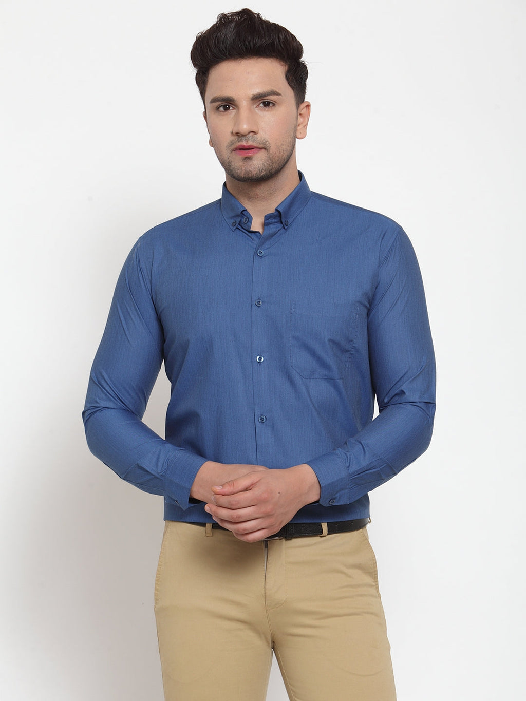 Jainish Blue Men's Cotton Solid Button Down Formal Shirts ( SF 713Peacock ) | Grocsy
