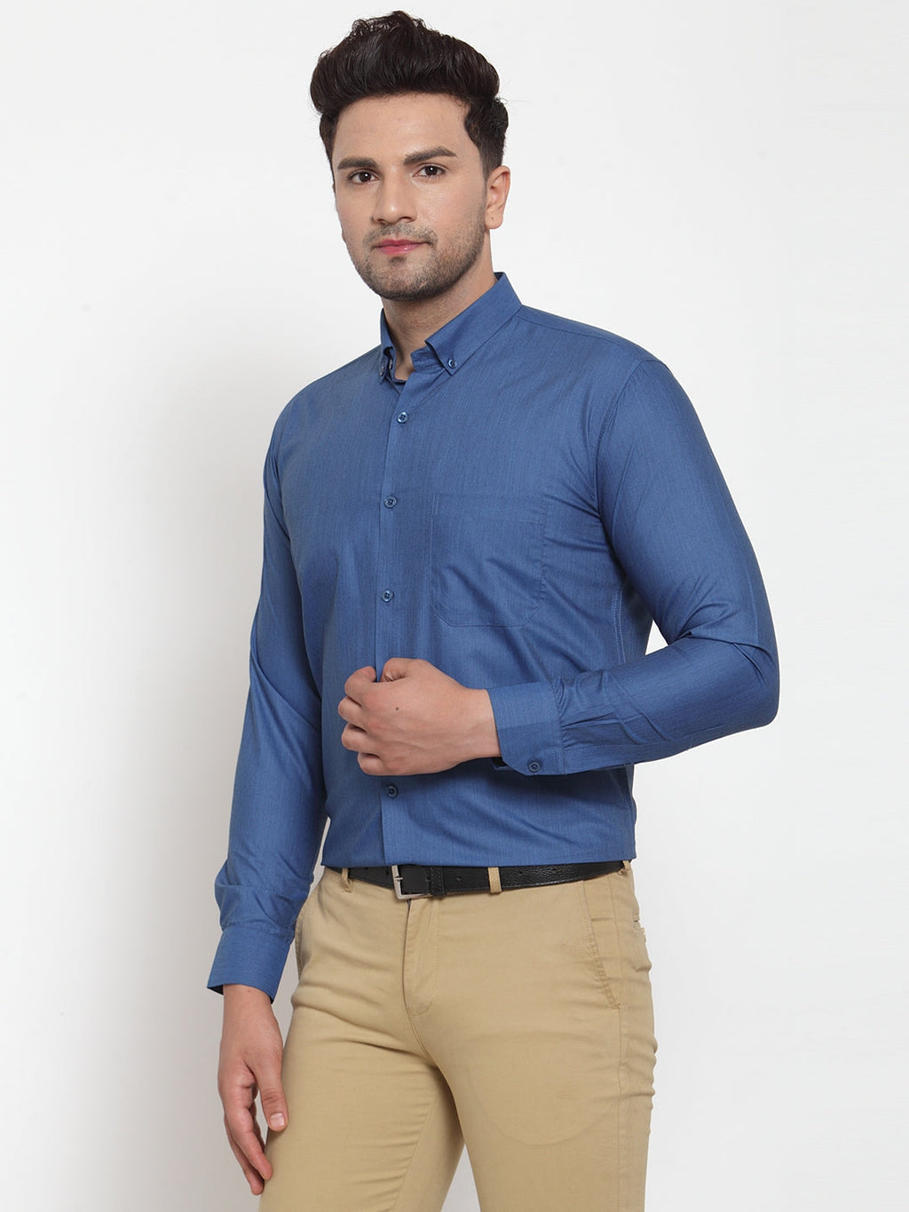 Jainish Blue Men's Cotton Solid Button Down Formal Shirts ( SF 713Peacock ) | Grocsy