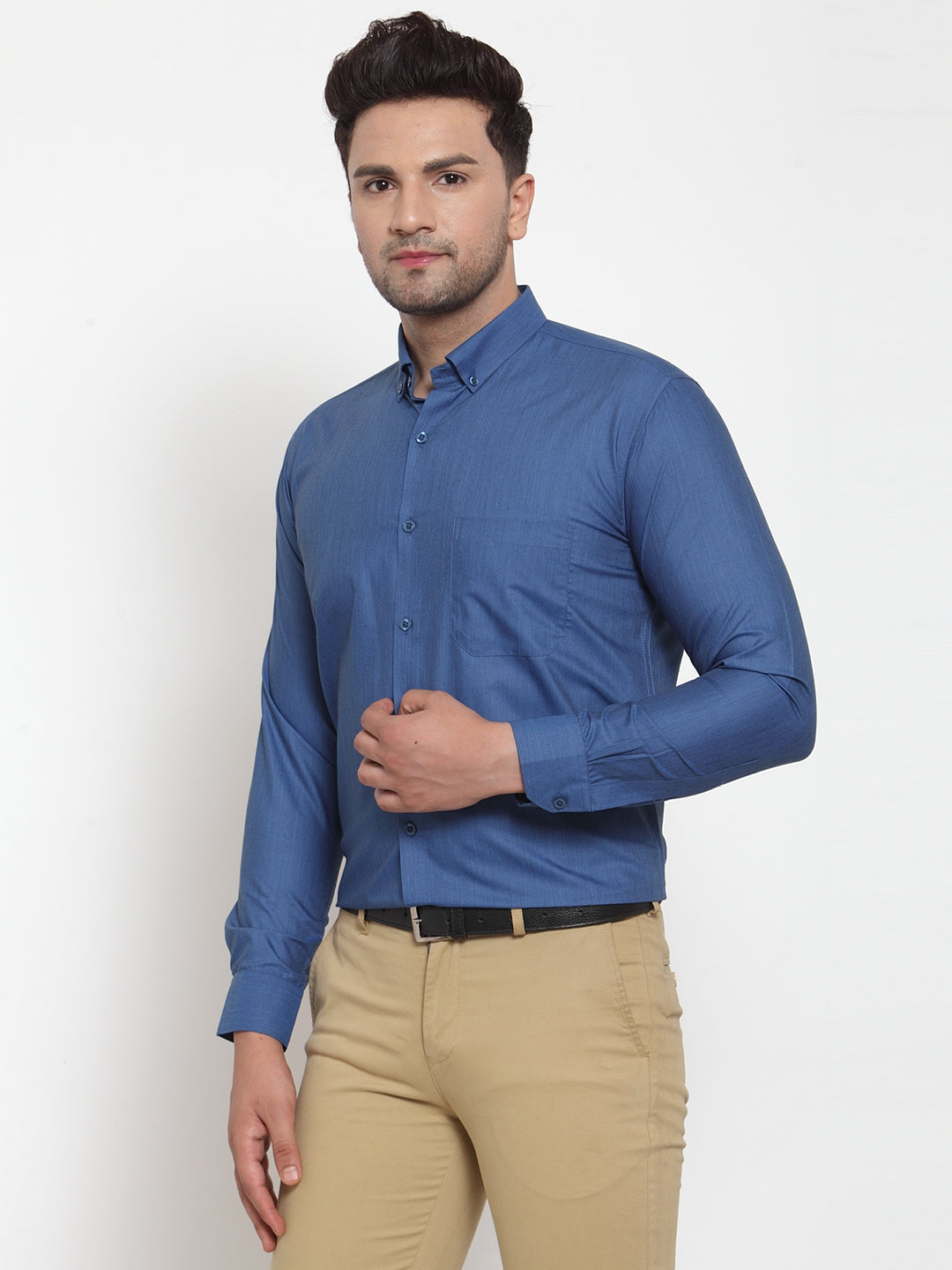 Jainish Blue Men's Cotton Solid Button Down Formal Shirts ( SF 713Peacock ) | Grocsy