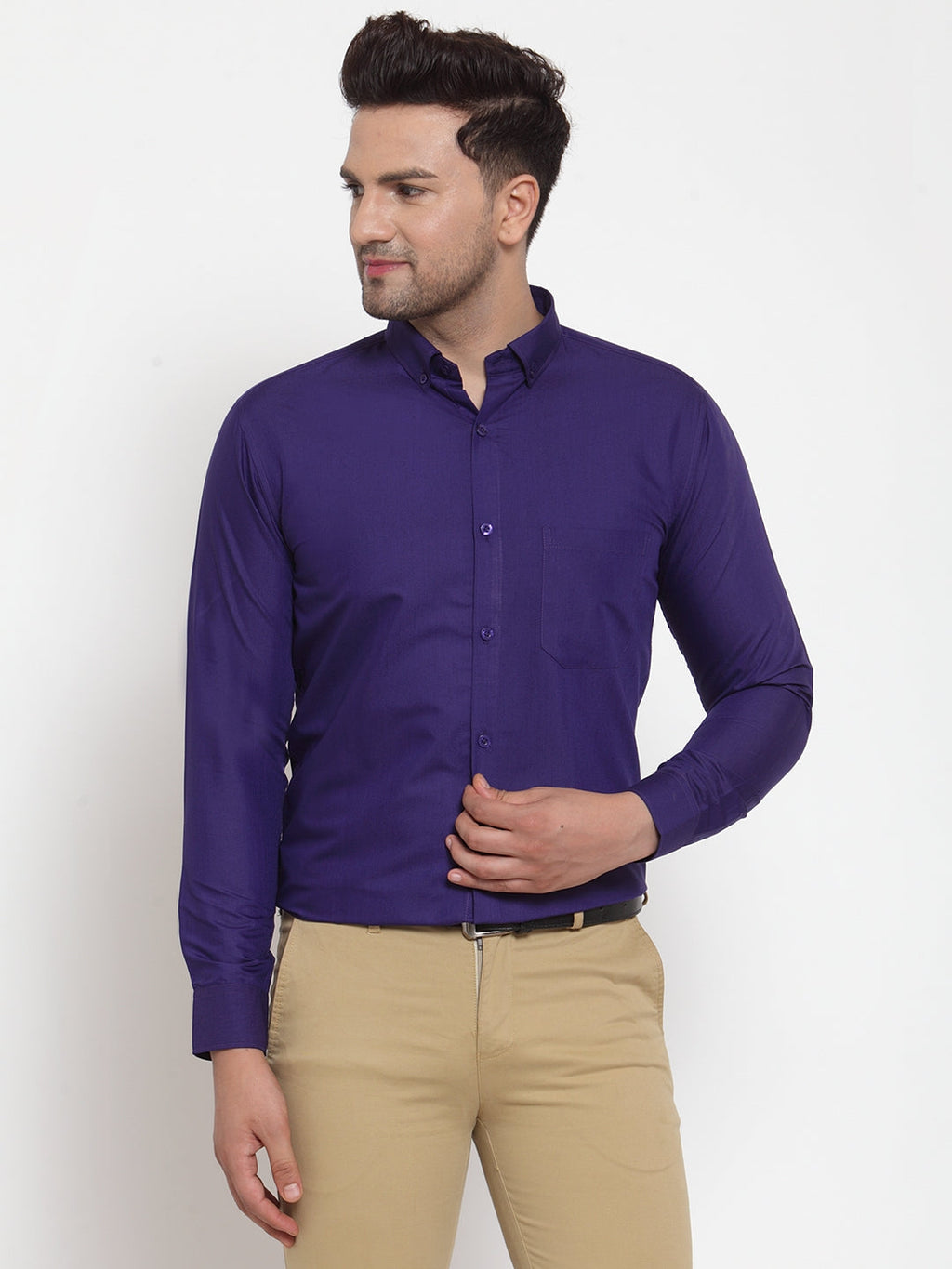 Jainish Purple Men's Cotton Solid Button Down Formal Shirts ( SF 713Purple ) | Grocsy