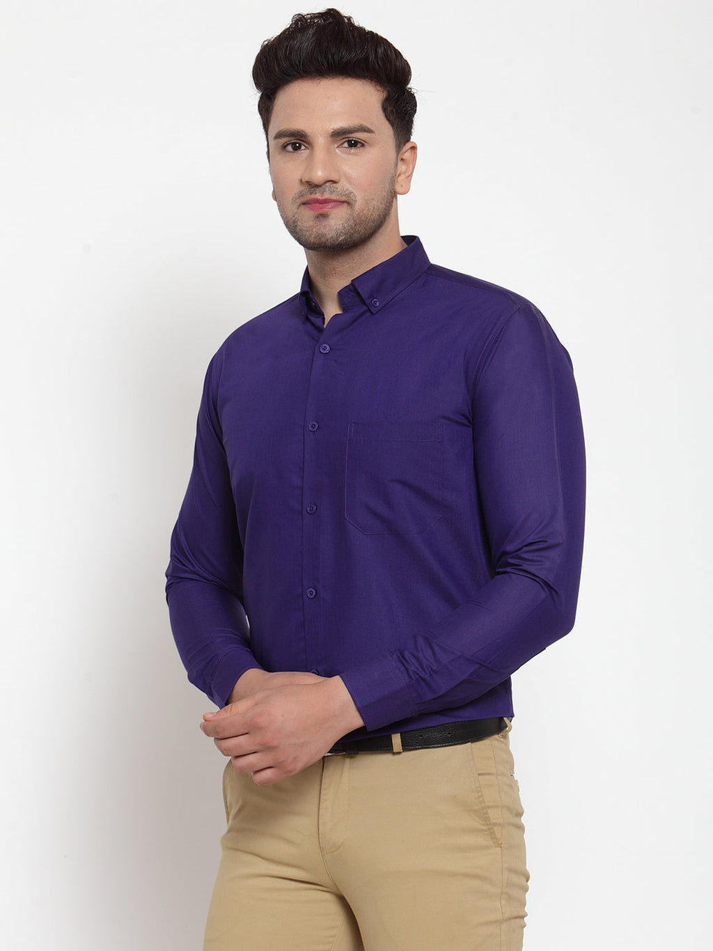 Jainish Purple Men's Cotton Solid Button Down Formal Shirts ( SF 713Purple ) | Grocsy