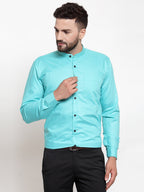 Jainish Green Men's Cotton Solid Mandarin Collar Formal Shirts ( SF 726Aqua ) | Grocsy