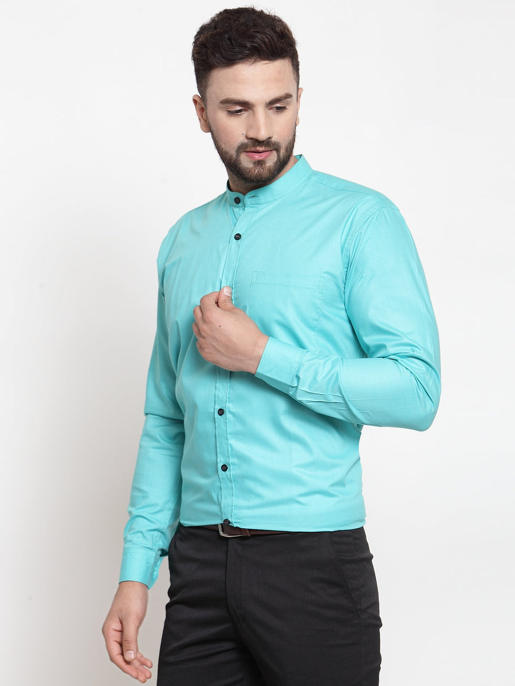 Jainish Green Men's Cotton Solid Mandarin Collar Formal Shirts ( SF 726Aqua ) | Grocsy