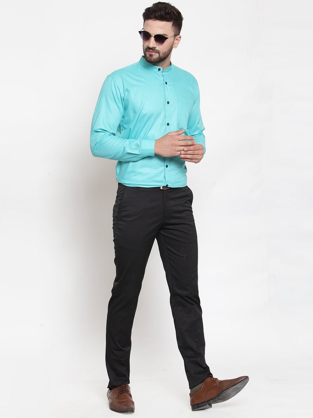 Jainish Green Men's Cotton Solid Mandarin Collar Formal Shirts ( SF 726Aqua ) | Grocsy